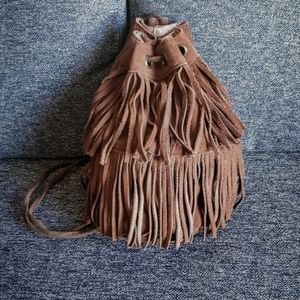 Vintage Bohemian Suede Fringe Bucket Bag Backpack Purse - Chocolate Brown